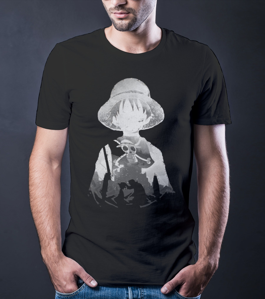Monochrome Luffy Skull Silhouette Straw Hat Pirate T-Shirt