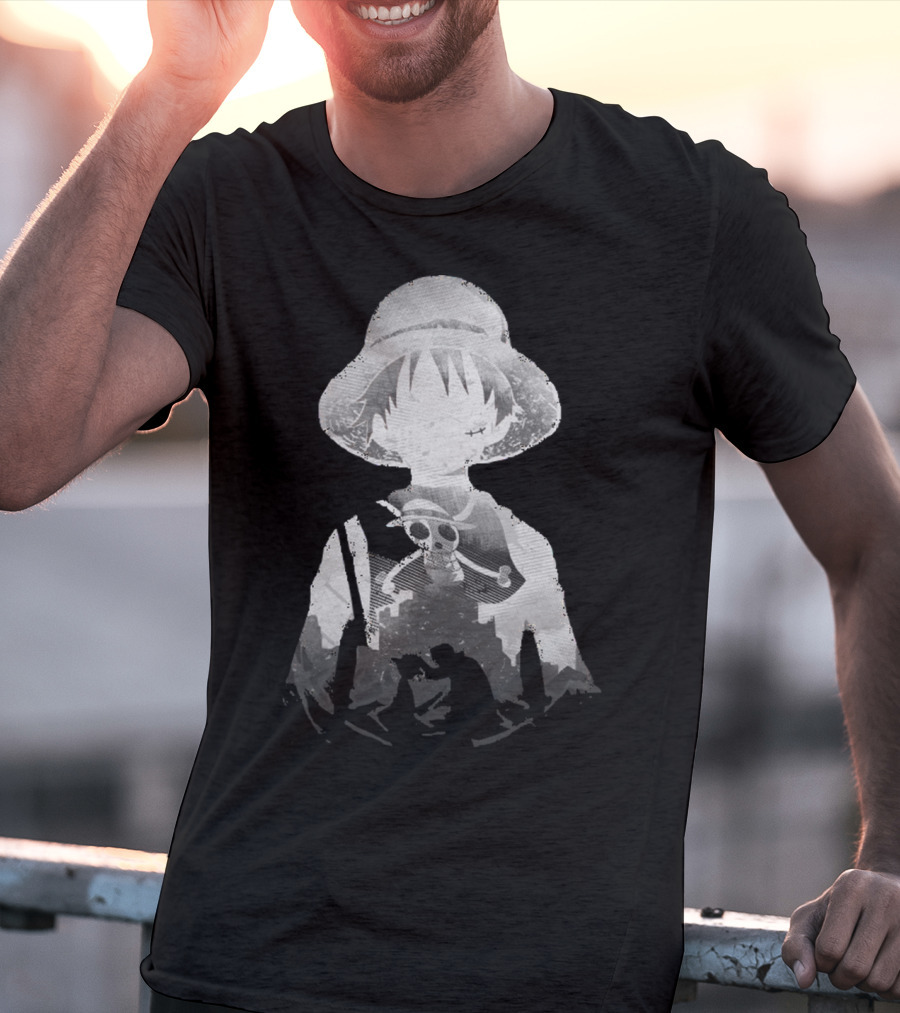 Monochrome Luffy Skull Silhouette Straw Hat Pirate T-Shirt