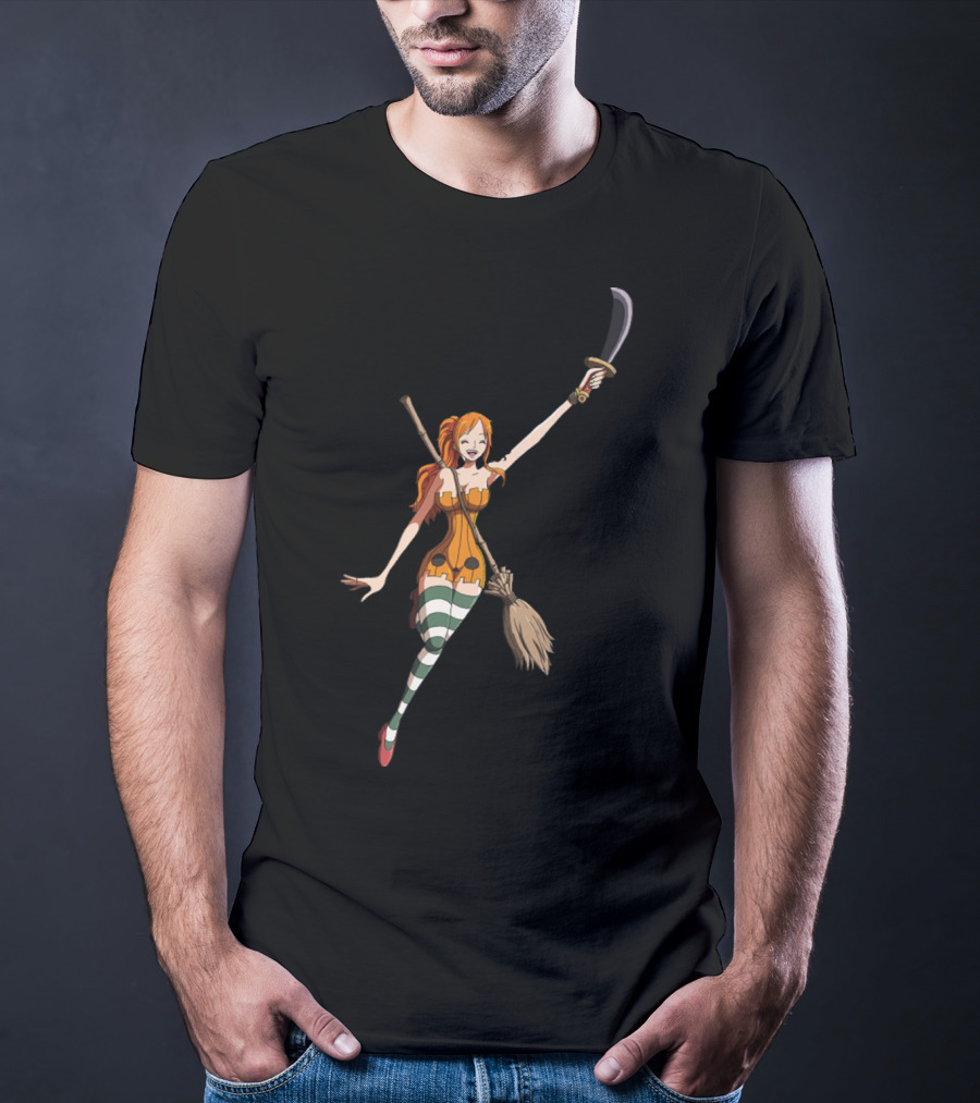 Nami Witch Riding Broomstick Sword Striped Stockings T-Shirt