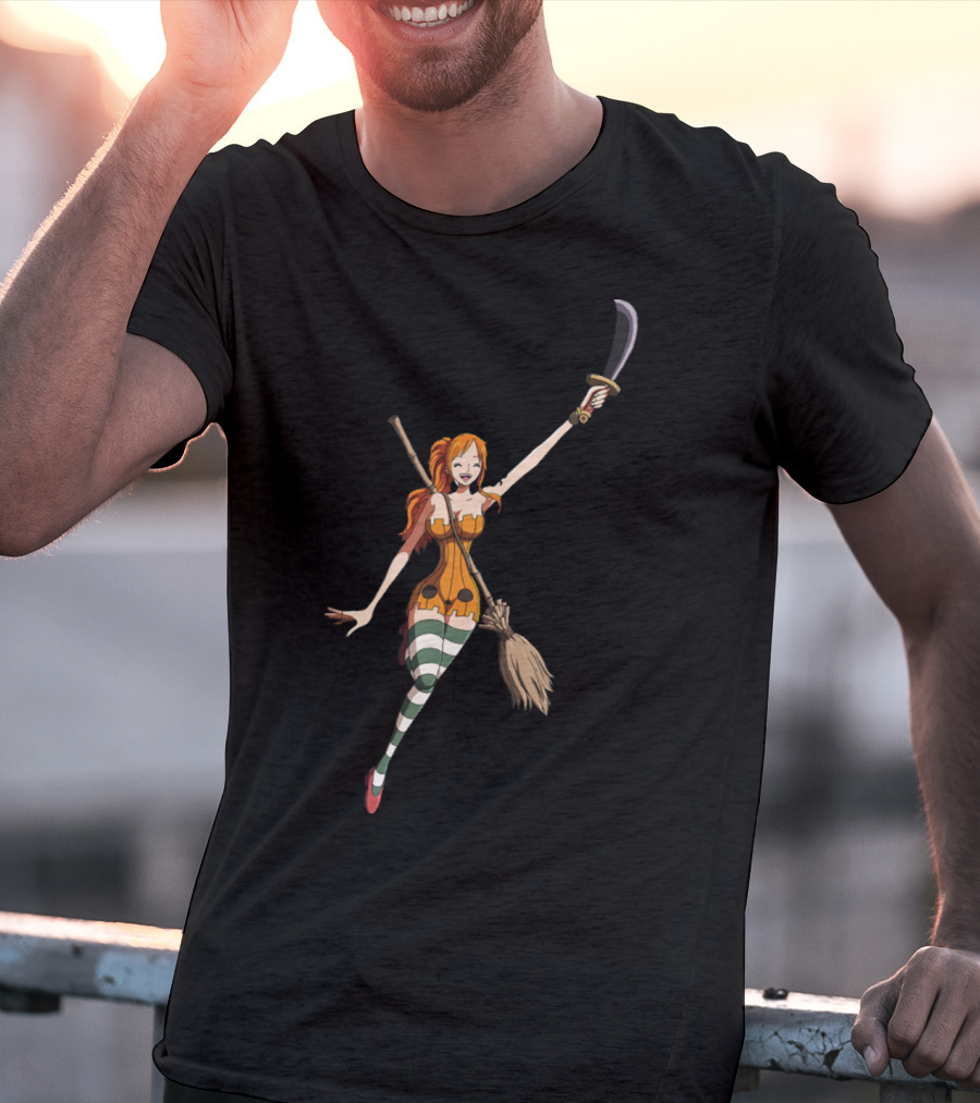 Nami Witch Riding Broomstick Sword Striped Stockings T-Shirt