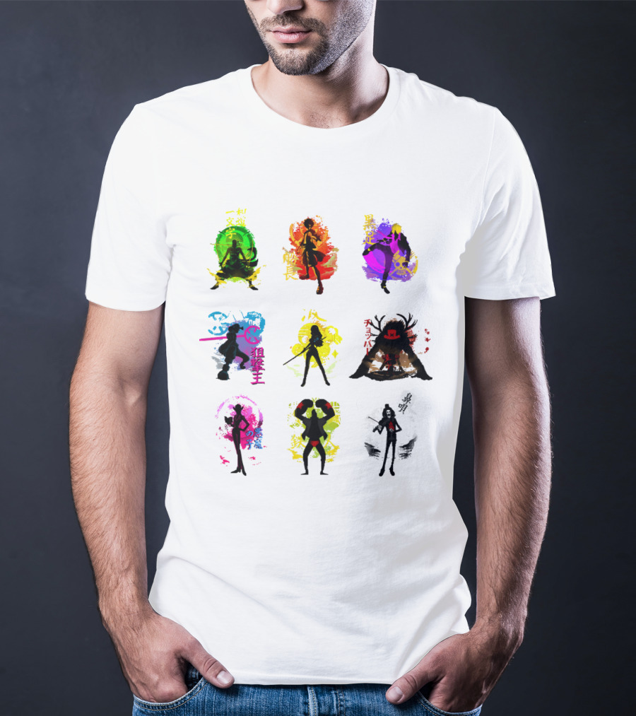 Anime Pirates Straw Hat Crew Silhouettes Japanese Text Colors T-Shirt