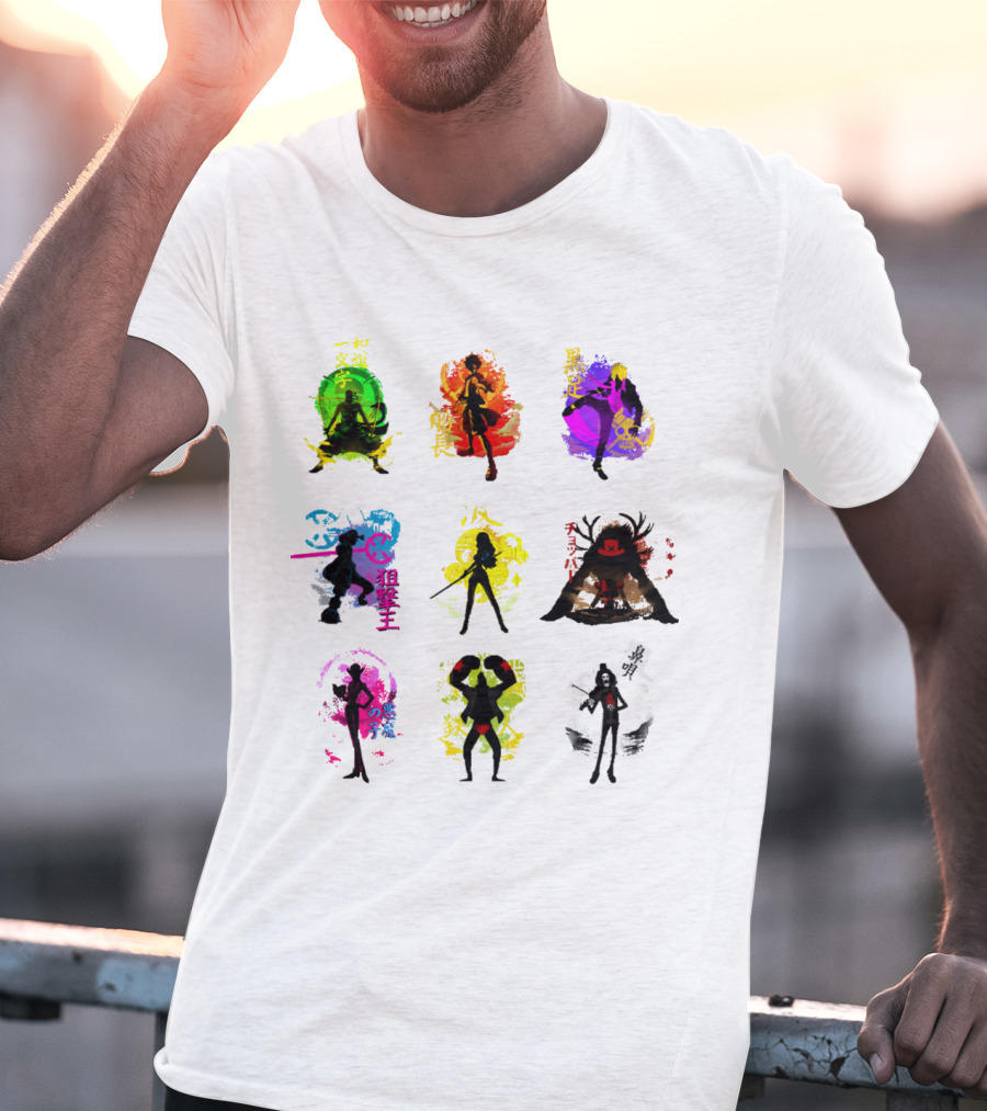 Anime Pirates Straw Hat Crew Silhouettes Japanese Text Colors T-Shirt