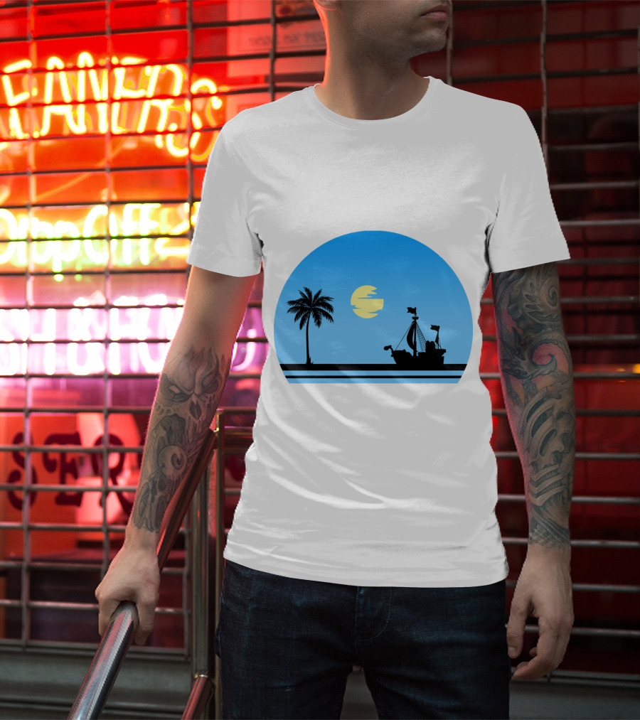 Going Merry Ship Silhouette Sunrise With Palm Tree And Sun T-Shirt