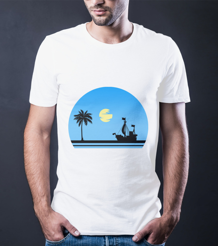Going Merry Ship Silhouette Sunrise With Palm Tree And Sun T-Shirt