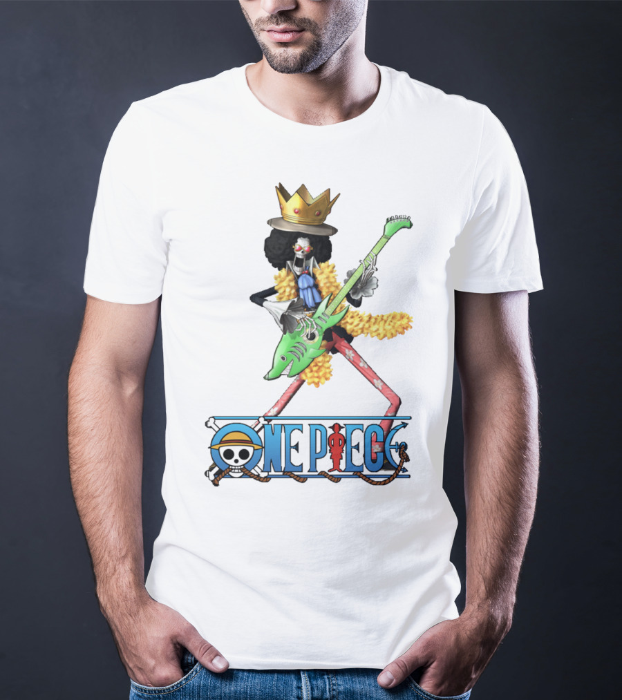 One Piece Brook Playing Guitar With Crown And Yellow Feather Boa T-Shirt