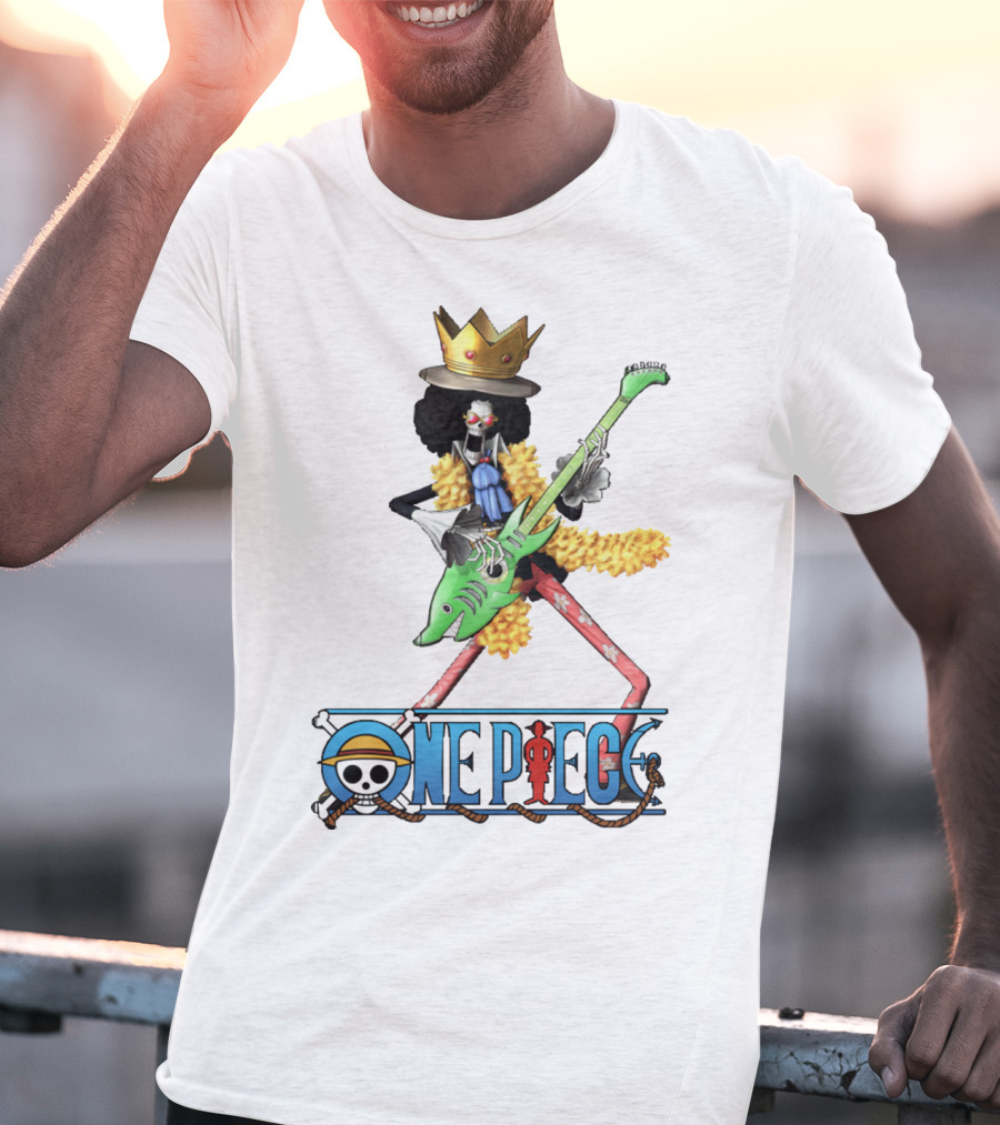 One Piece Brook Playing Guitar With Crown And Yellow Feather Boa T-Shirt