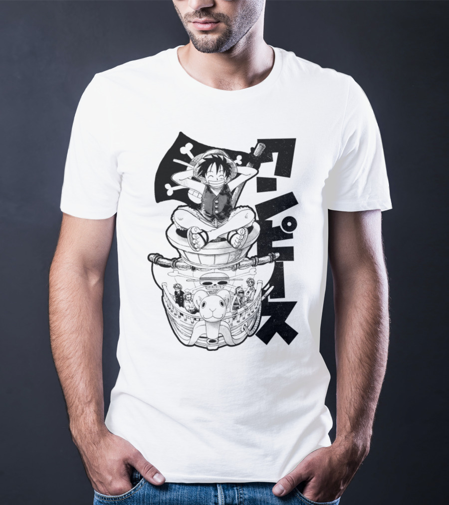 Luffy On Going Merry With Straw Hat Pirates Crew And Jolly Roger Flag T-Shirt