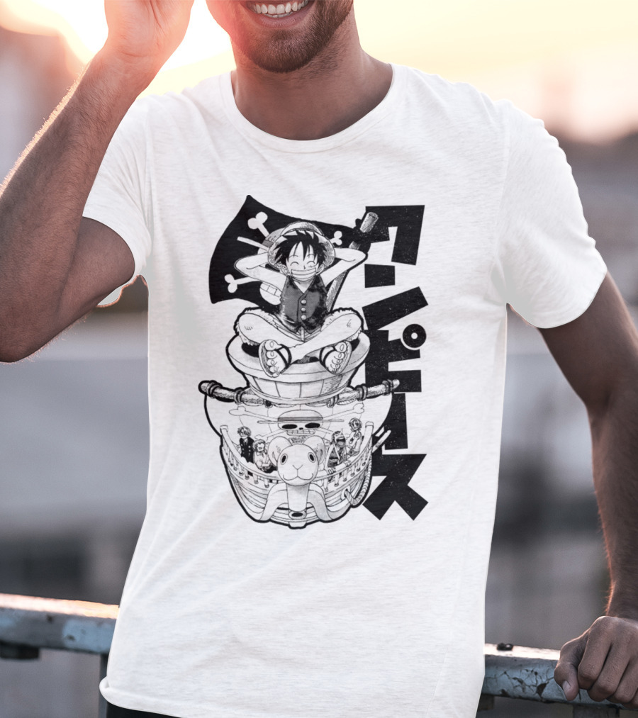 Luffy On Going Merry With Straw Hat Pirates Crew And Jolly Roger Flag T-Shirt