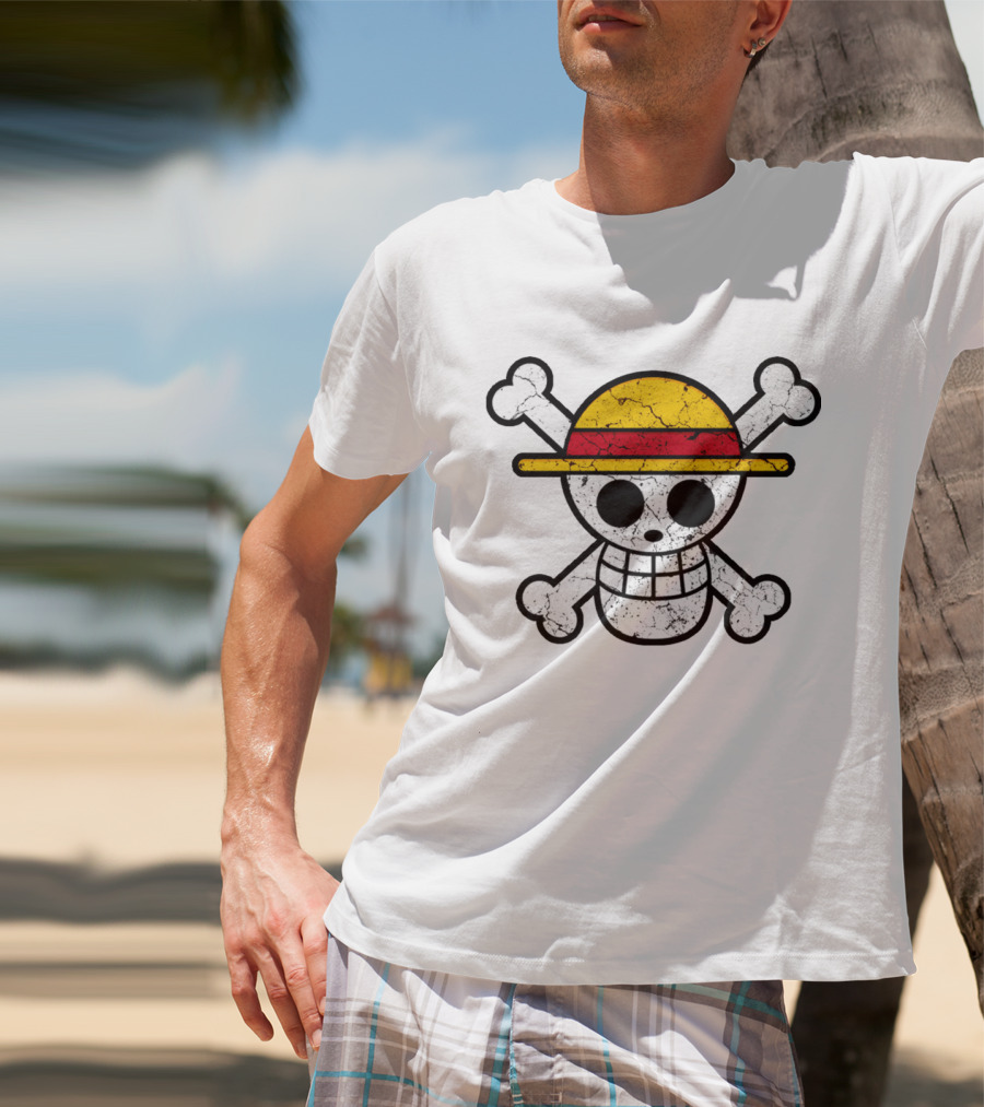 Vintage One Piece Jolly Roger Skull Wearing Straw Hat T-Shirt