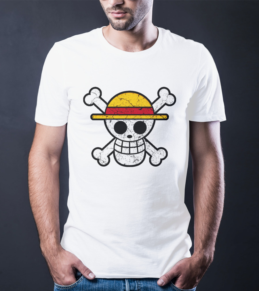 Vintage One Piece Jolly Roger Skull Wearing Straw Hat T-Shirt