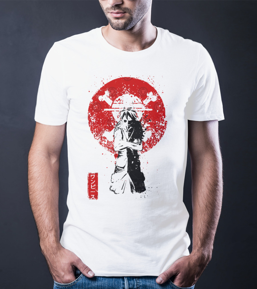 One Piece Pirate's King Splat­ter Japanese Text And Crossbones Red Circle T-Shirt