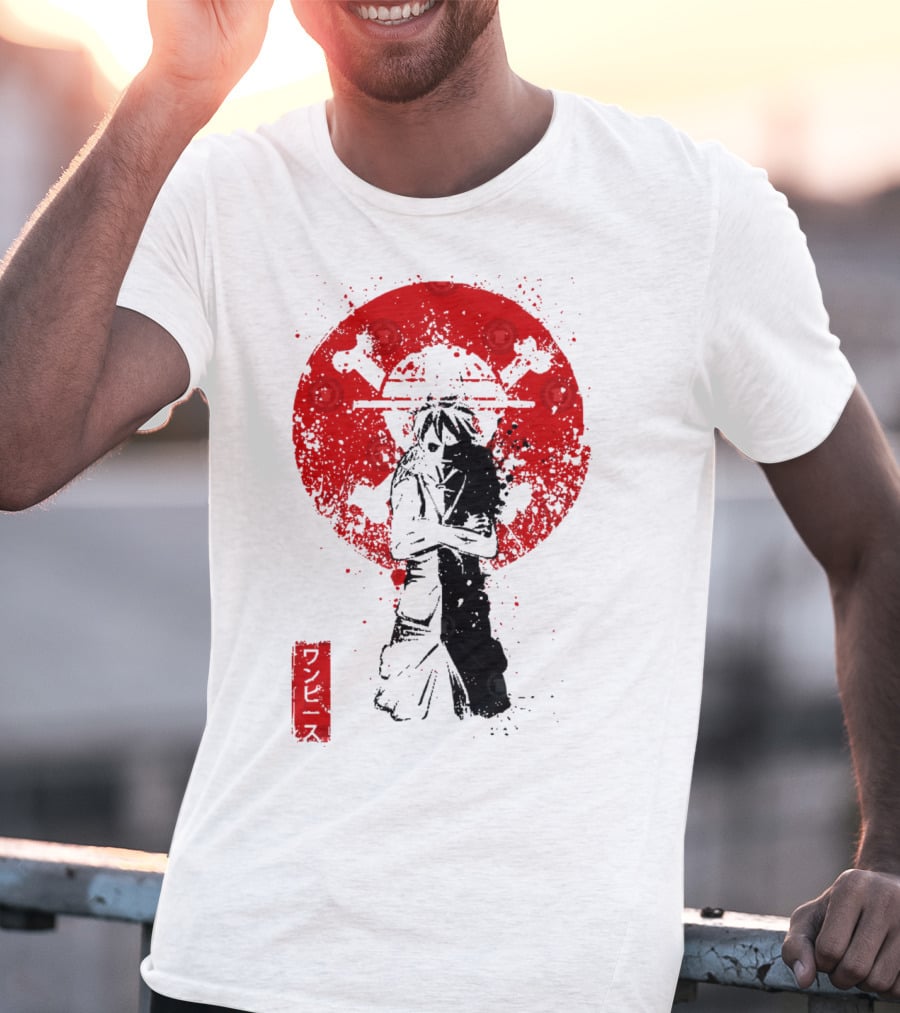 One Piece Pirate's King Splat­ter Japanese Text And Crossbones Red Circle T-Shirt