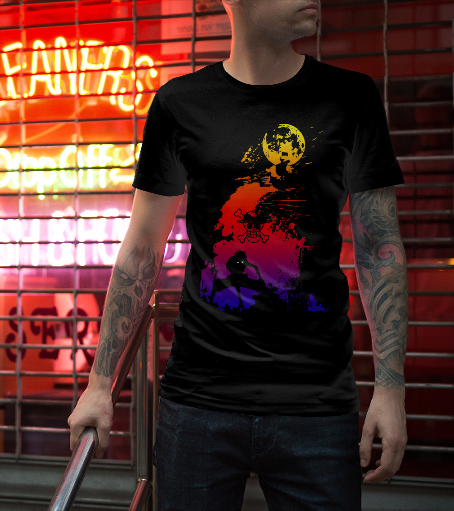Monkey D. Luffy Shadow Art With Straw Hat Pirate Emblem And Moon T-Shirt