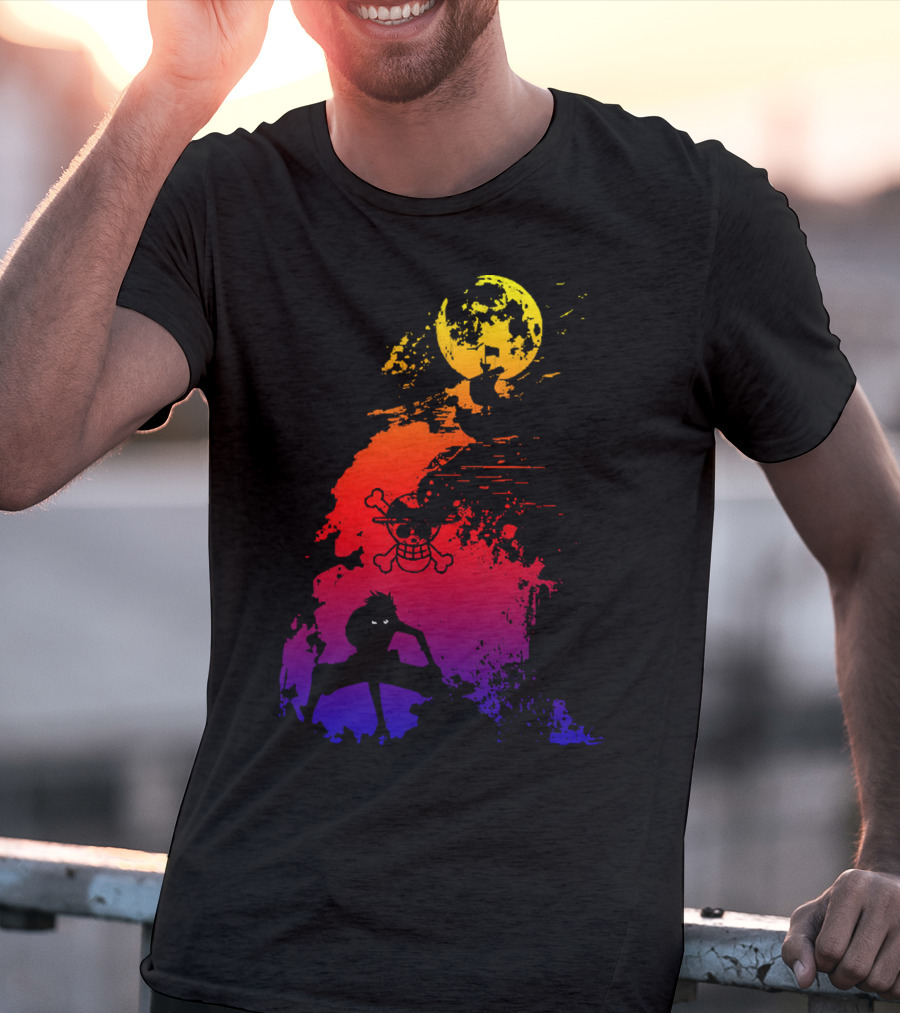Monkey D. Luffy Shadow Art With Straw Hat Pirate Emblem And Moon T-Shirt