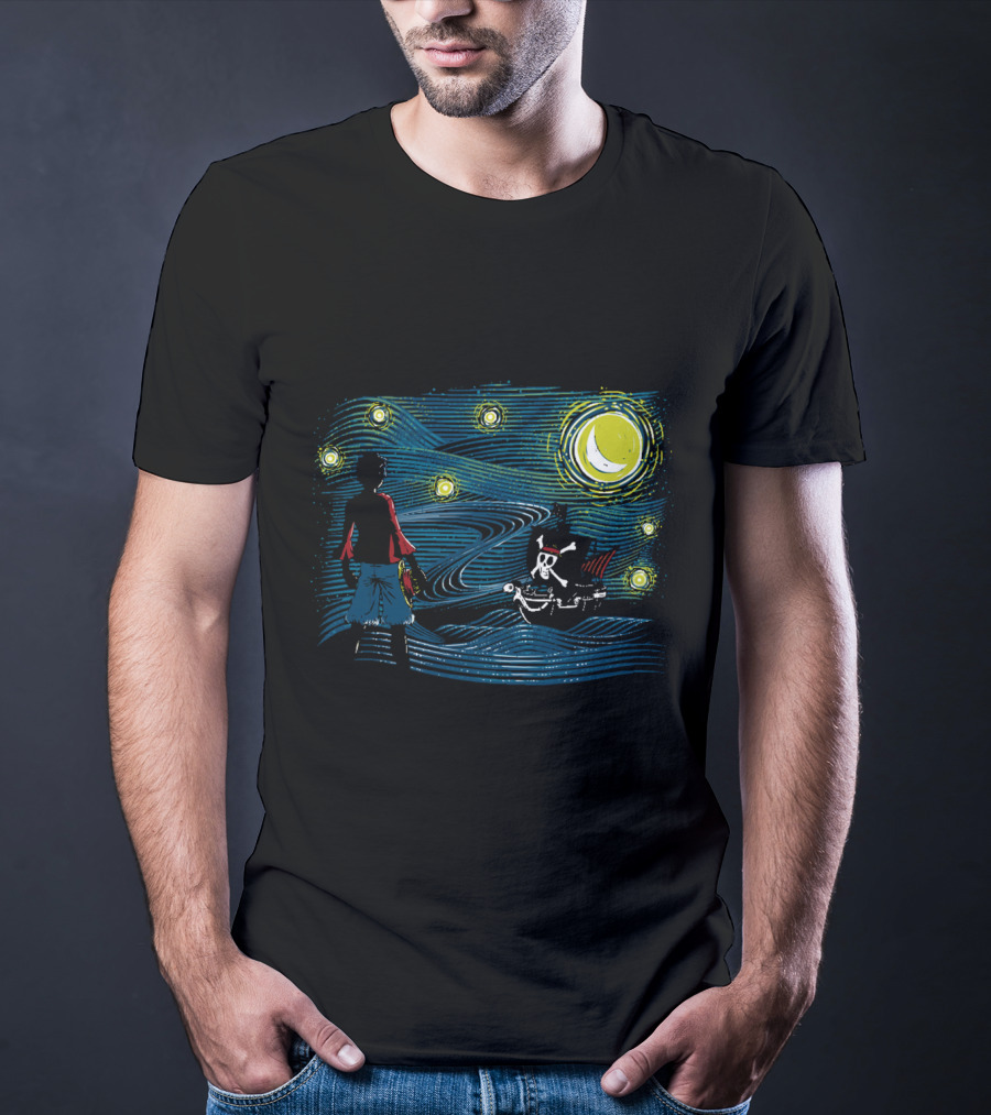 Starry Sea Voyage With Pirate Ship Under Starry Night Sky T-Shirt