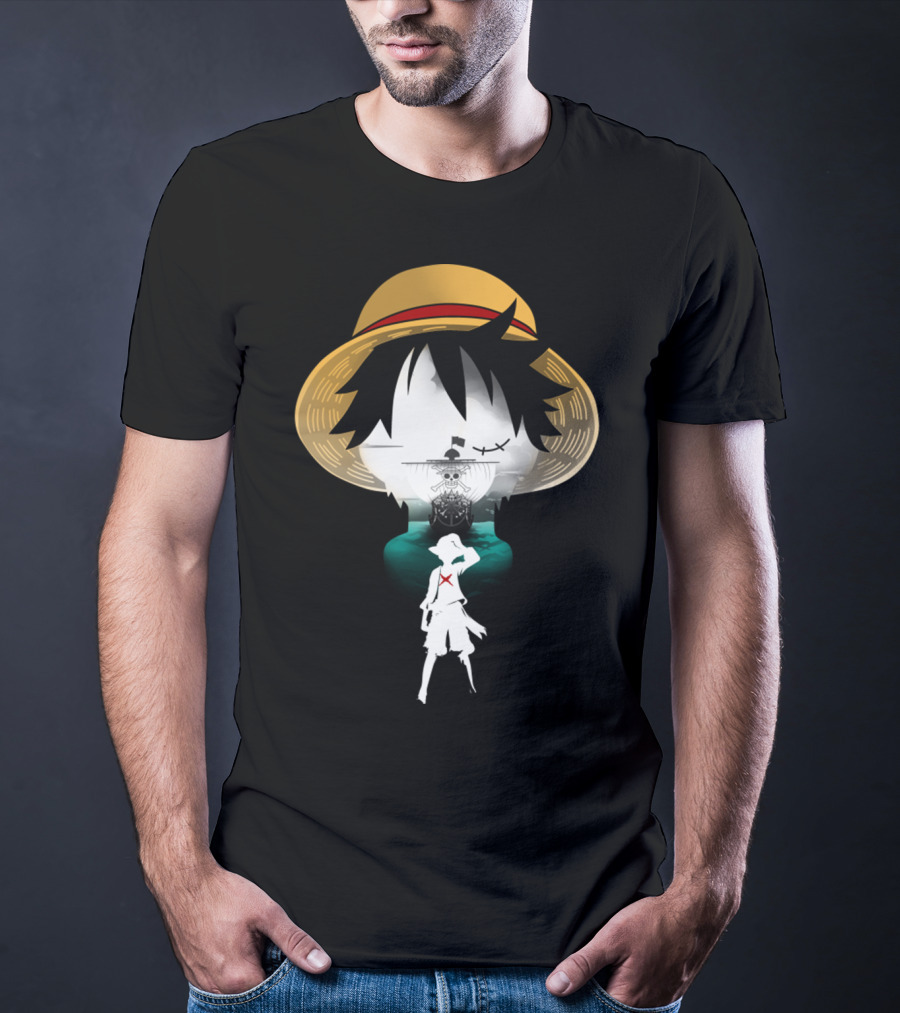 Strawhat Pirate Silhouette Design With Iconic Ship And Sea Adventure T-Shirt