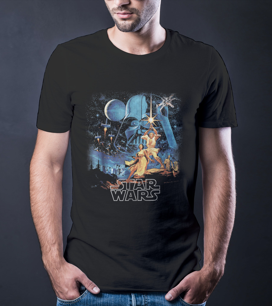 Star Wars A New Hope Faded Darth Vader Luke Leia Lightsabers X-Wing TIE Fighters Classic T-Shirt