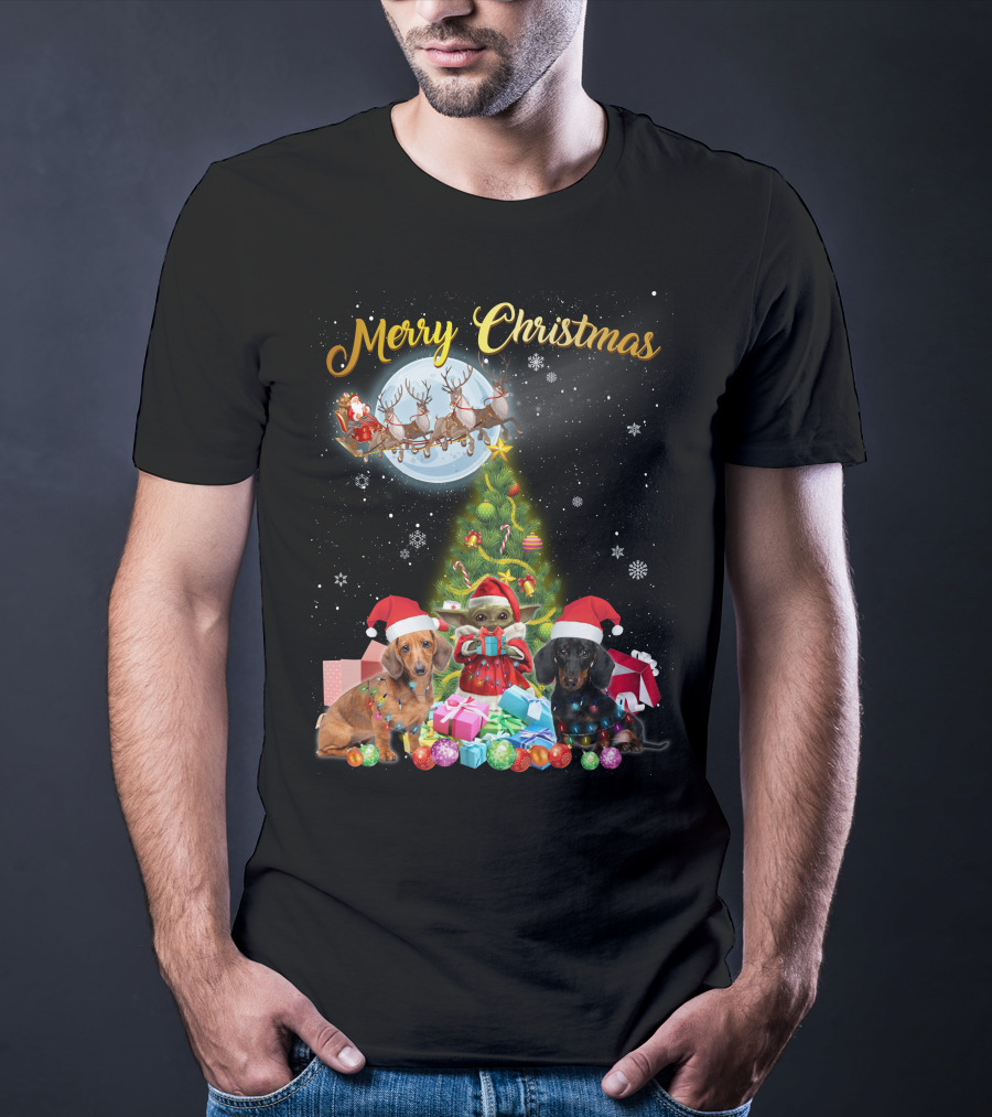 Merry Christmas Dachshund Santa Sleigh Gifts Tree T-Shirt