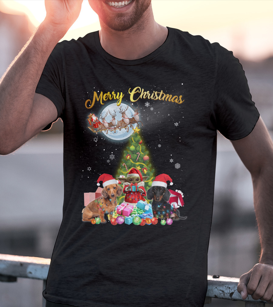 Merry Christmas Dachshund Santa Sleigh Gifts Tree T-Shirt