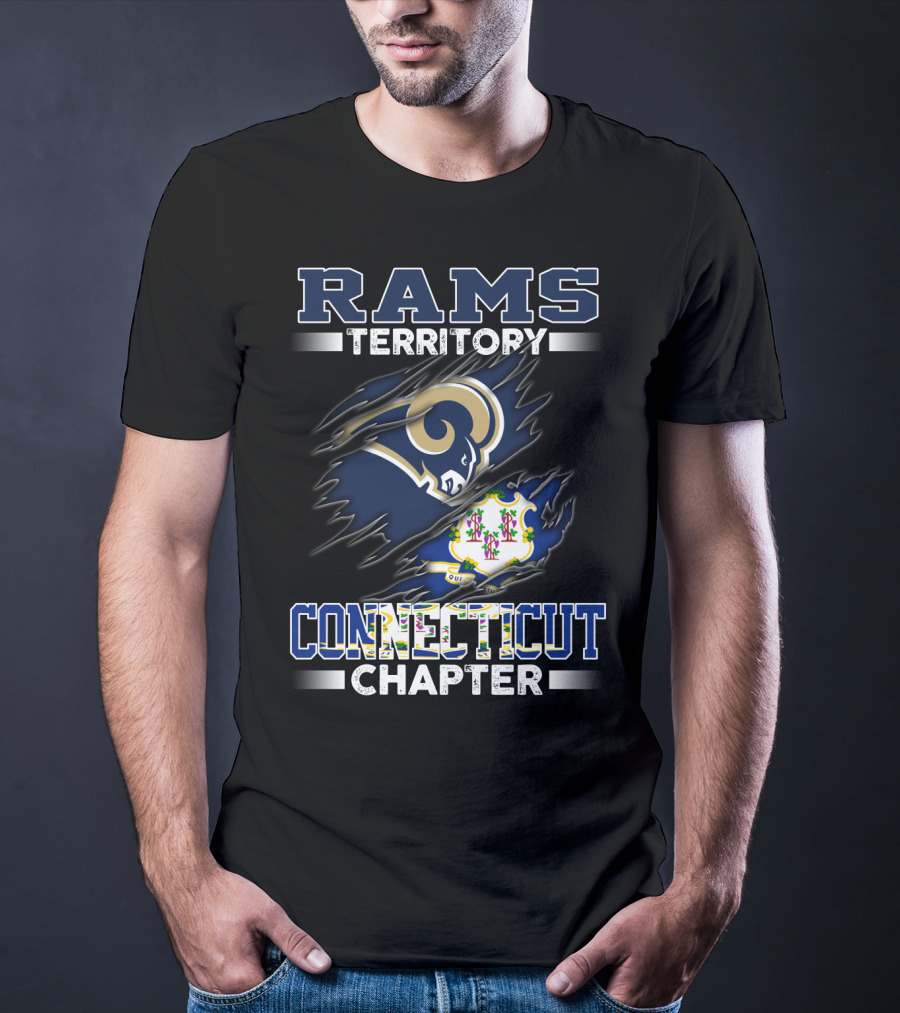 Rams Territory Connecticut Chapter Blue And White Design With Iconic Ram Logo And Connecticut State Symbol T-Shirt