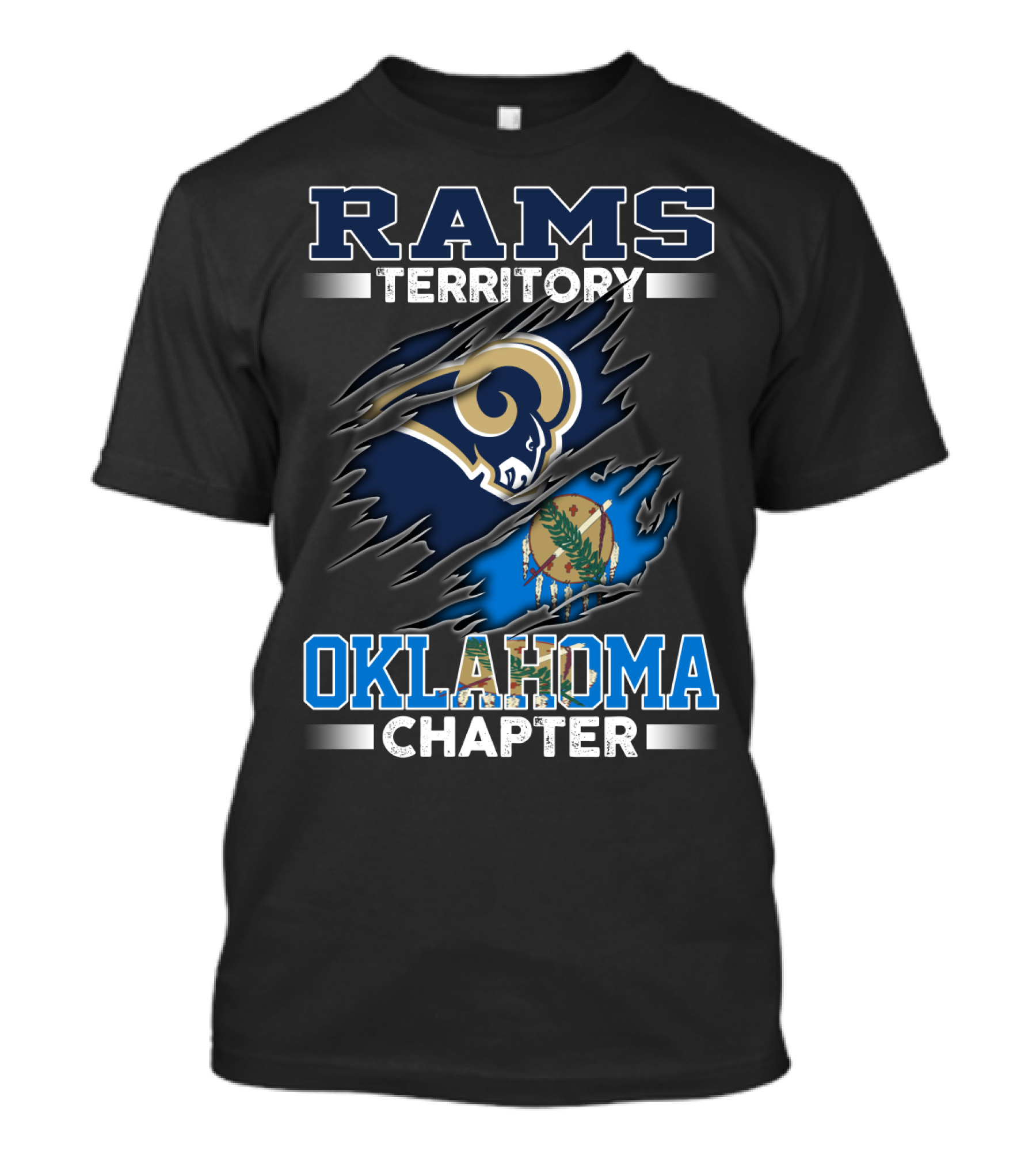 Rams Territory Oklahoma Chapter Blue And Gold Design With Torn State Flag T-Shirt