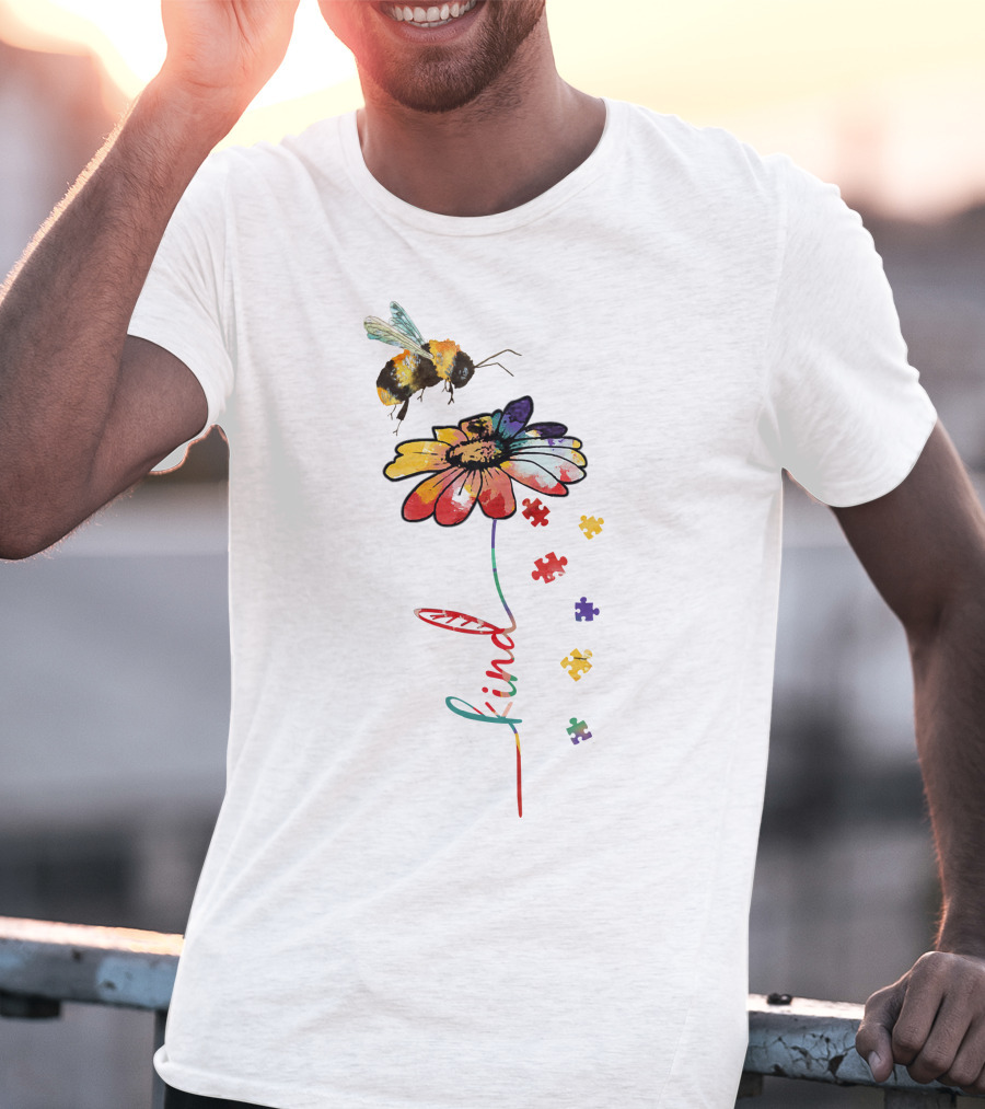 Bee Kind Puzzle Flower With Colorful Petals And Bumblebee T-Shirt