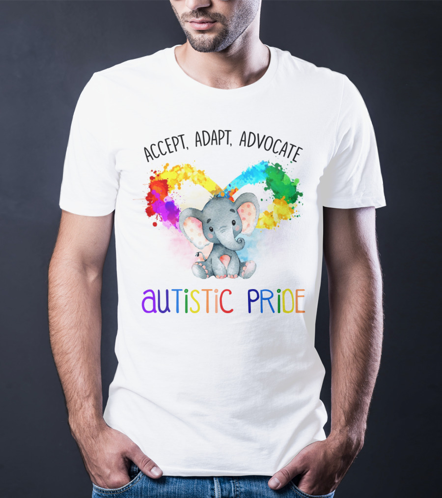 Accept, Adapt, Advocate Autistic Pride Colorful Elephant T-Shirt