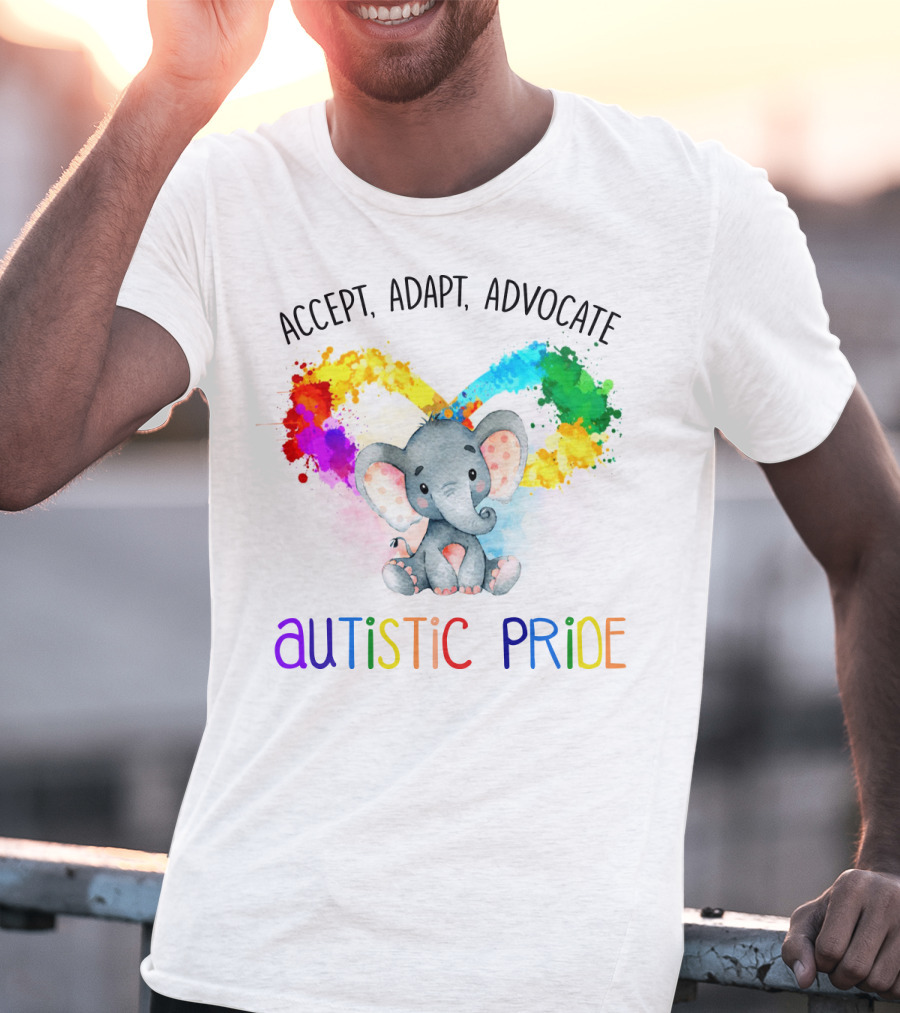 Accept, Adapt, Advocate Autistic Pride Colorful Elephant T-Shirt