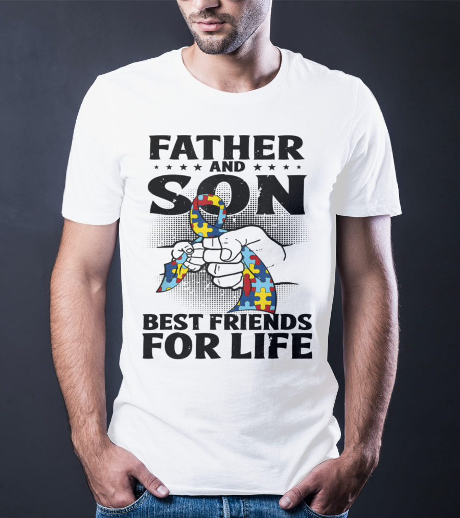 Father And Son Best Friends For Life Autism Puzzle Ribbon Fist Bump T-Shirt