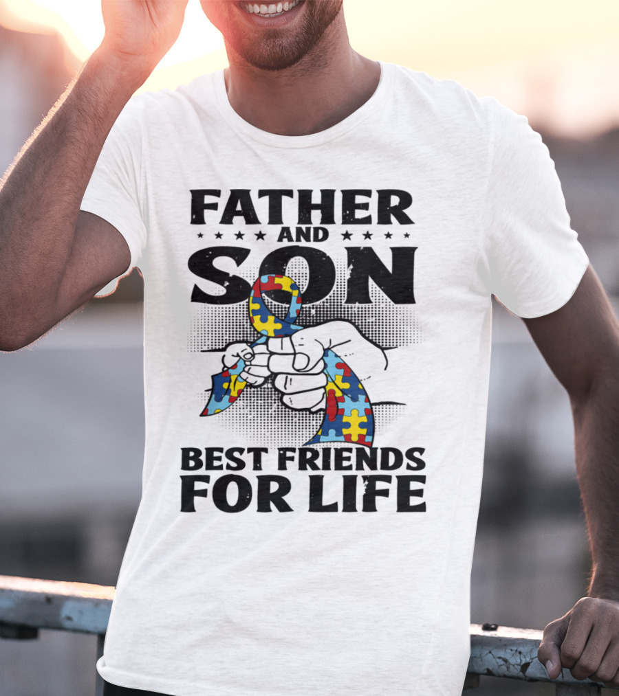 Father And Son Best Friends For Life Autism Puzzle Ribbon Fist Bump T-Shirt