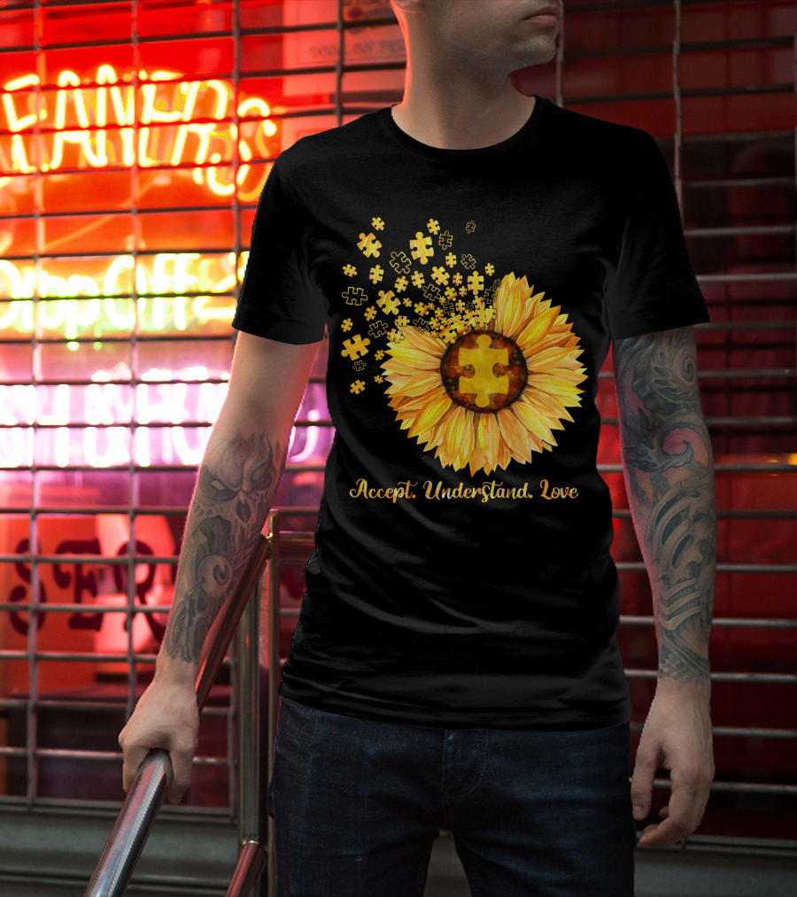 Sunflower Puzzle Pieces Accept Understand Love T-Shirt