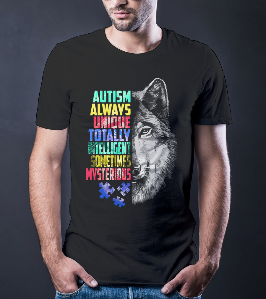 Autism Always Unique Totally Intelligent Sometimes Mysterious Wolf Puzzle T-Shirt