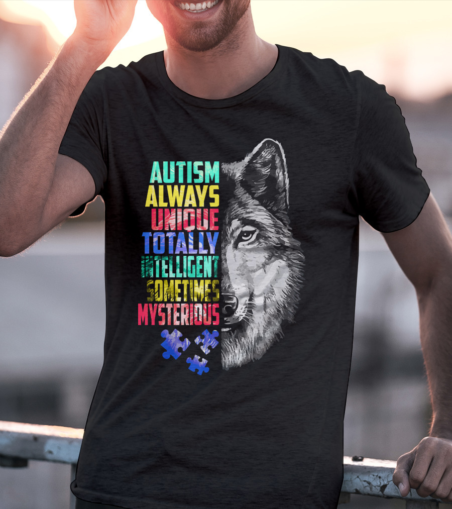 Autism Always Unique Totally Intelligent Sometimes Mysterious Wolf Puzzle T-Shirt