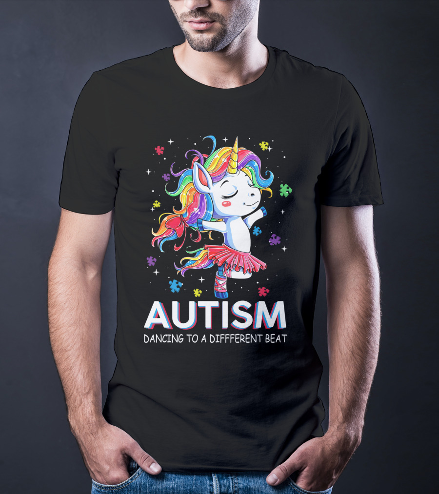Autism Dancing To A Different Beat Unicorn Puzzle Pieces Rainbow Hair T-Shirt