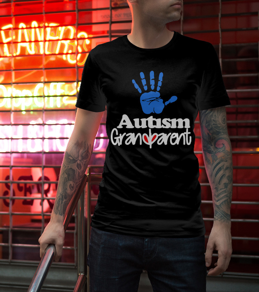 Autism Grandparent Blue Handprint Red Heart Inclusion T-Shirt