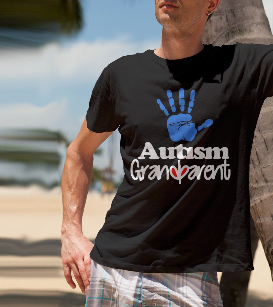 Autism Grandparent Blue Handprint Red Heart Inclusion T-Shirt