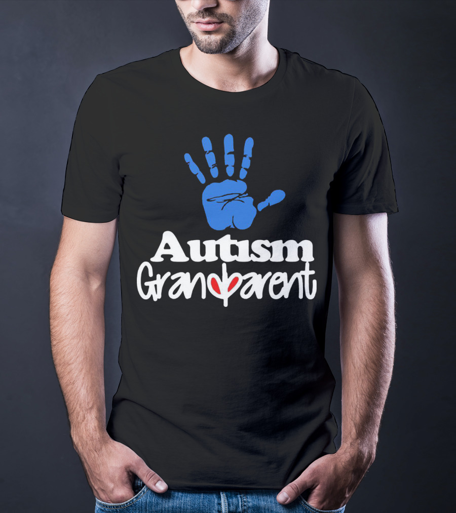 Autism Grandparent Blue Handprint Red Heart Inclusion T-Shirt