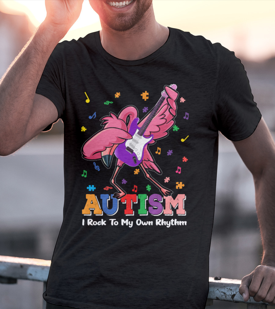Autism I Rock To My Own Rhythm Flamingo With Guitar And Puzzle Pieces T-Shirt