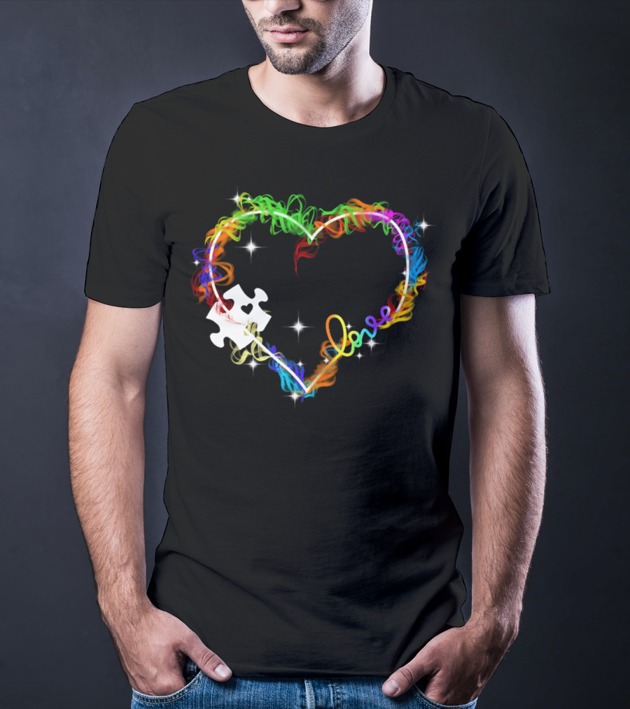 Love Heart Rainbow Puzzle Autism T-Shirt