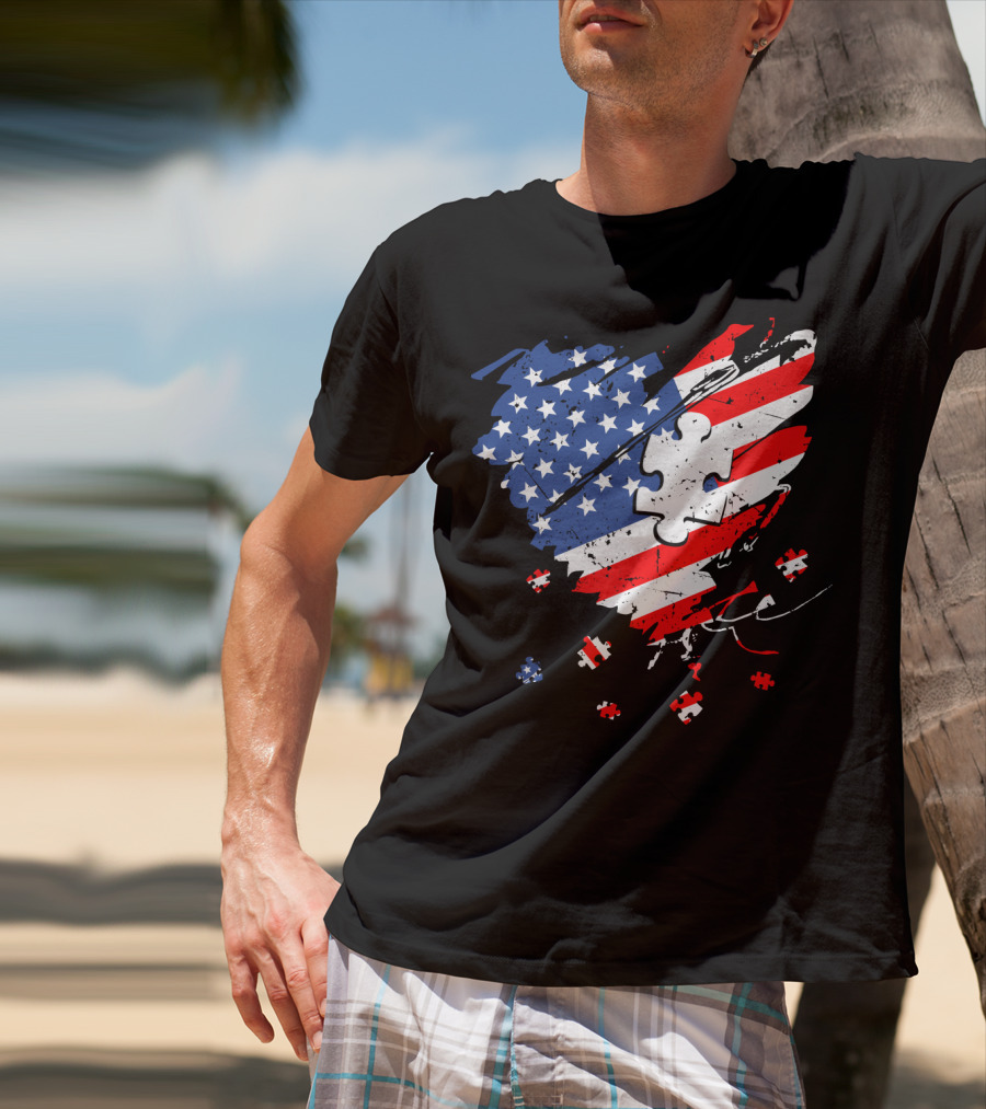 Autism USA Puzzle Heart Flag T-Shirt
