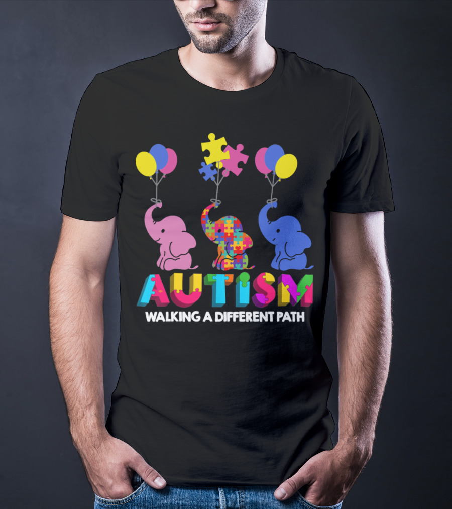 Autism Walking A Different Path Colorful Elephants And Balloons T-Shirt