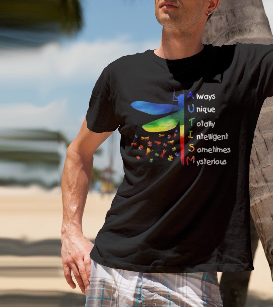 Always Unique Totally Intelligent Sometimes Mysterious Dragonfly Puzzle Pieces Autism T-Shirt