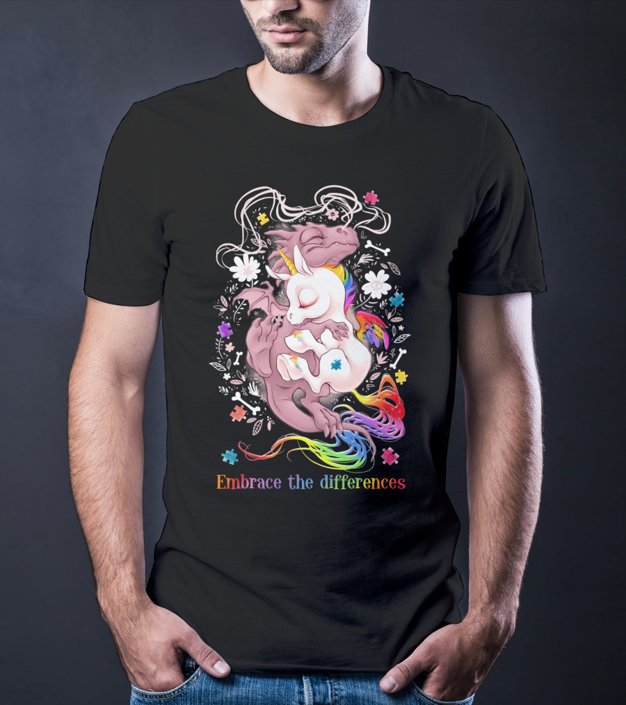 Embrace The Differences Unicorn And Dragon Rainbow Puzzle Flowers T-Shirt