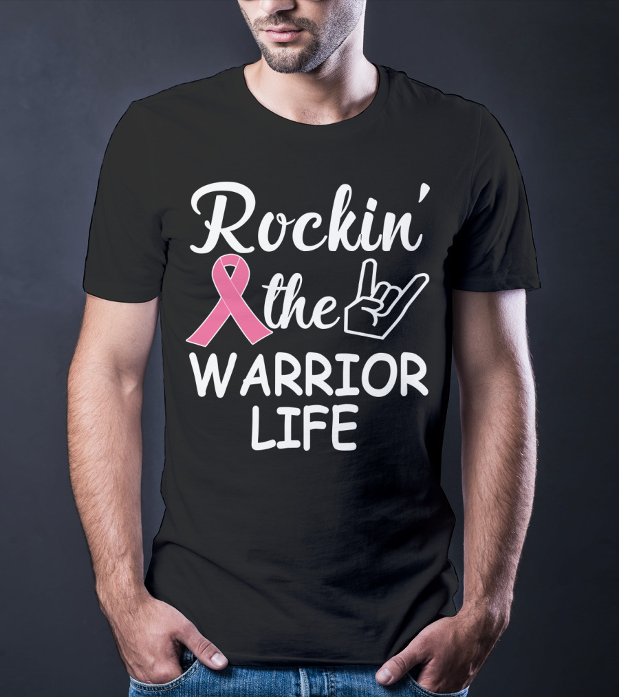 Rockin' The Warrior Life Pink Ribbon Rock Hand T-Shirt