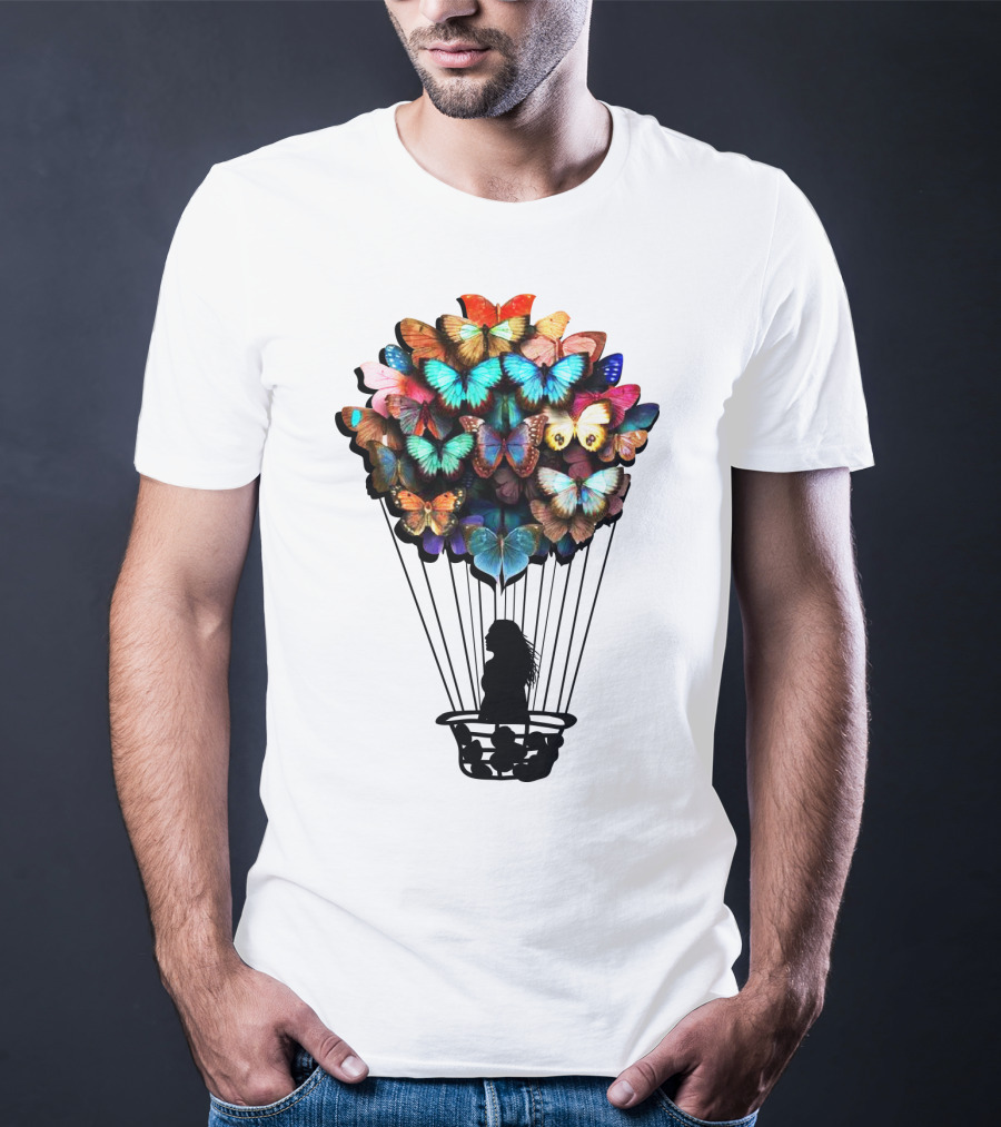 Butterfly BU01 Hot Air Balloon Silhouette With Colorful Wings T-Shirt