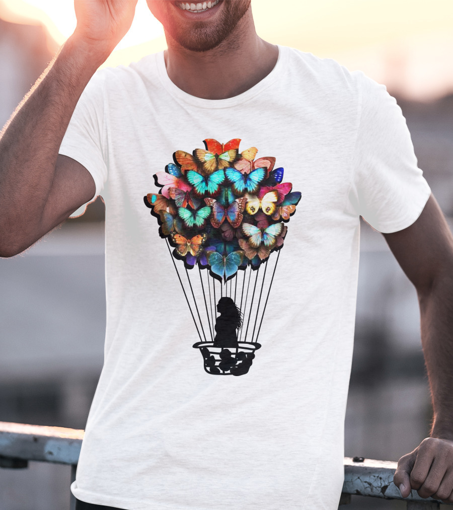 Butterfly BU01 Hot Air Balloon Silhouette With Colorful Wings T-Shirt