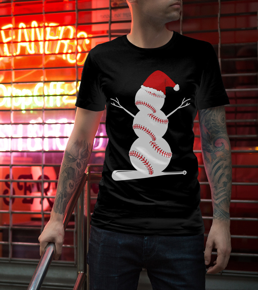 Baseball Snowman Santa Hat Bat Christmas BA01 T-Shirt