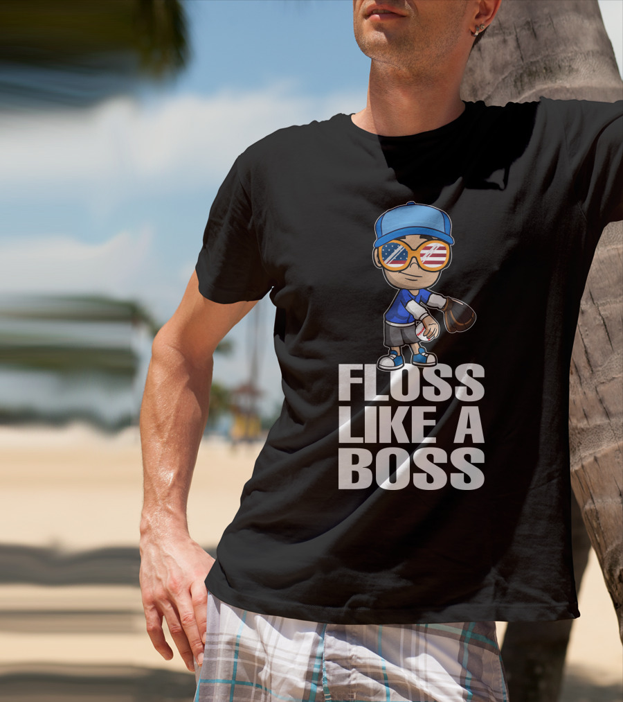 Floss Like A Boss Baseball Player American Flag Sunglasses T-Shirt