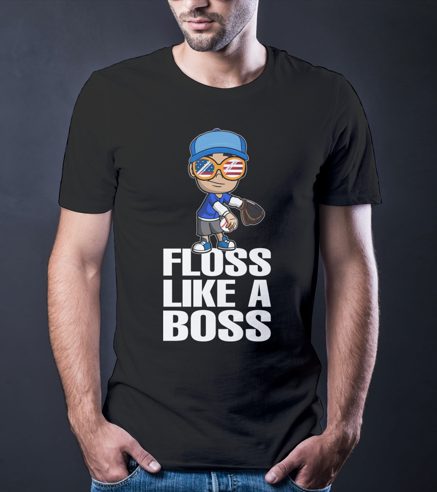 Floss Like A Boss Baseball Player American Flag Sunglasses T-Shirt