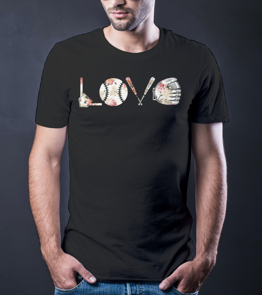 Love Baseball Floral Bat Glove Home Plate T-Shirt